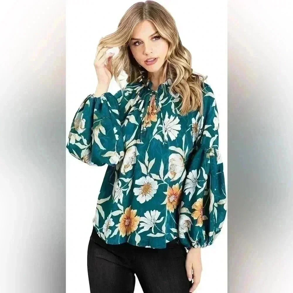 Love Stitch Womens Size Medium Boho Style Long Sleeve Blue Green Floral Blouse